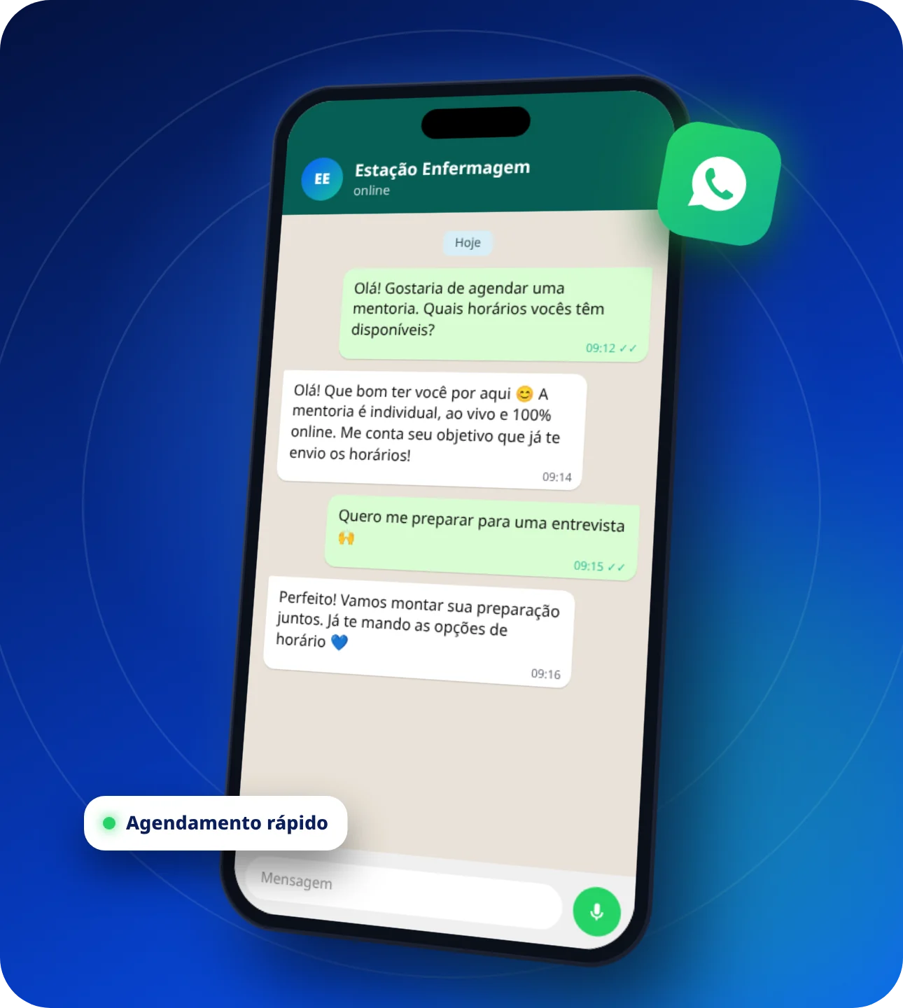 Ilustração de celular com conversa no WhatsApp agendando uma mentoria com o Estação Enfermagem